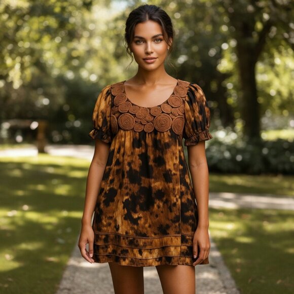 Vintage Dresses & Skirts - VINTAGE ECI Babydoll Tunic Top Mini Dress 10 L Appliques Rosette Ruffles Y2K